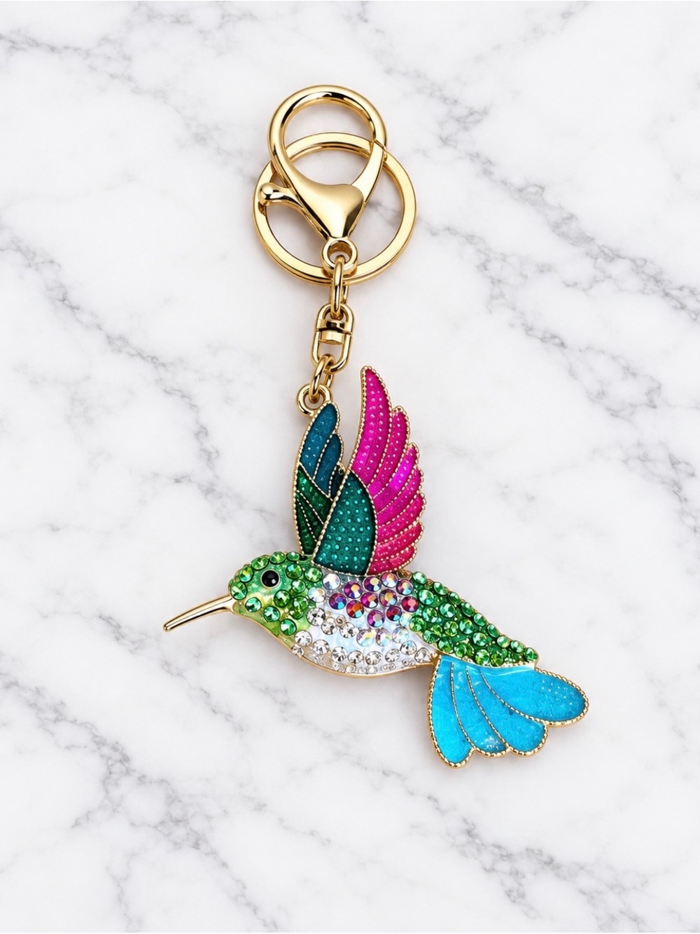 Multicolor Rhinestoned Hummingbird Bag Charm/Keyring - Gold Hardware